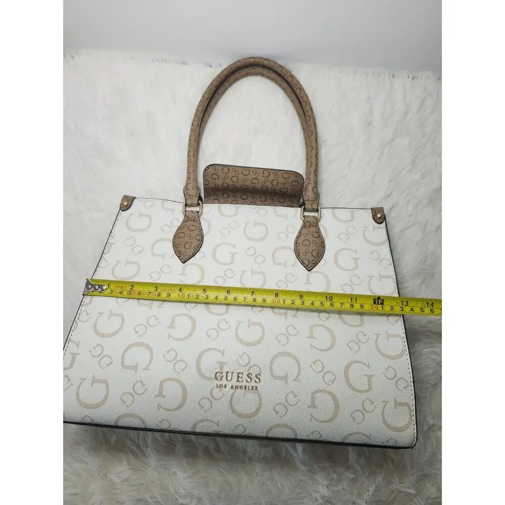 Guess Tote Bag Women's Cream Brown Gold Tone Preppy Classic Monogram Logo